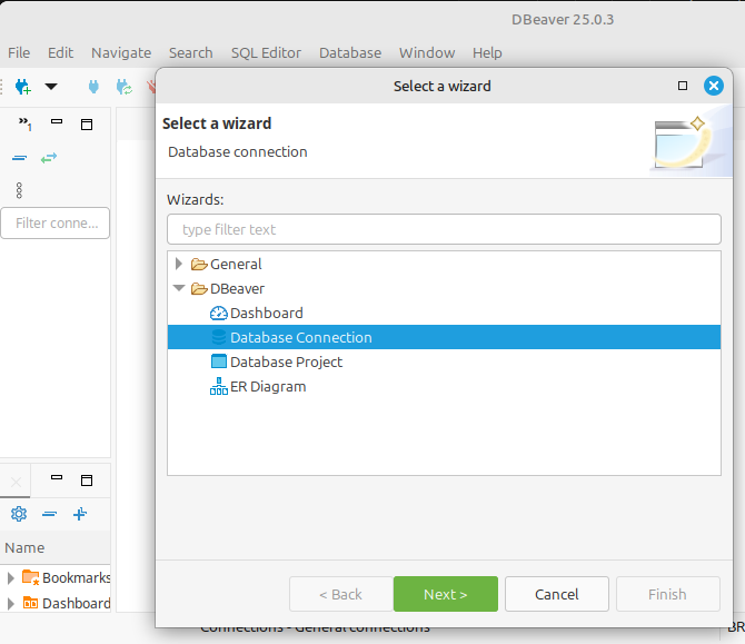 Print de tela do diálogo &ldquo;Select a sizard&rdquo;, do DBeaver. No topo, a mensagem &ldquo;Database connection&rdquo;. No diálogo, dentro da pasta DBeaver, o wizard &ldquo;Database Connection&rdquo; está selecionado.